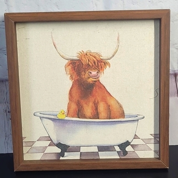 Highland Cow Texas Country Cattle Bathtub Rubber Duck Wood Framed Canvas Print - Picture 7 of 16